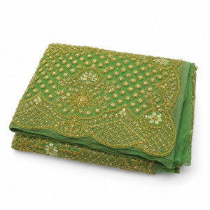 Luxury Green Embroidered Beaded Lace Fabric with Gold Detailing
