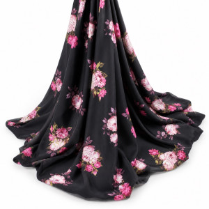 Black Floral Print Fabric     Soft Pink Rose Pattern Lightweight Material