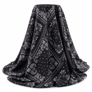 Classic Bandana Print Fabric      Black and White Paisley Pattern Material