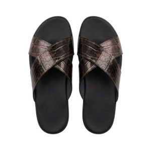 Premium Brown Croc Embossed Leather Crossover Slides