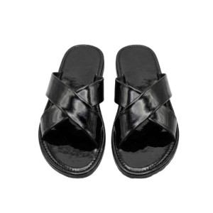 Premium Black Patent Leather Crossover Slide Sandals