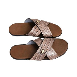 Brown Crocodile Embossed Cross Strap Slide Sandals