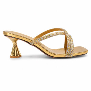 Womens Luxury Gold Rhinestone Cross Strap Heeled Sandals
