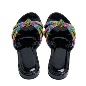 Rainbow Crystal Embellished Multi Strap Slide Sandals