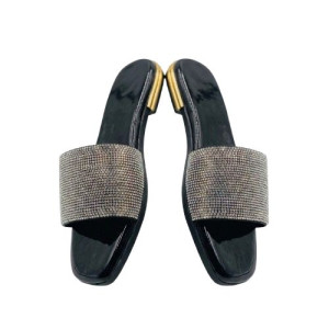 Crystal Embellished Black Slide Sandals