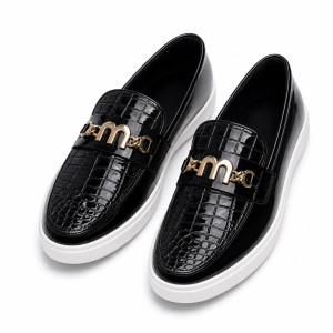 Black Croc Embossed Patent Loafers with Gold Accent