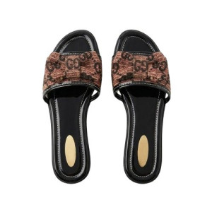 Womens Brown Pattern Open Toe Flat Slide Sandals