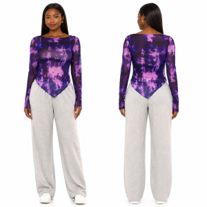 Womens Long Sleeve Purple Tie Dye Mesh Bodysuit