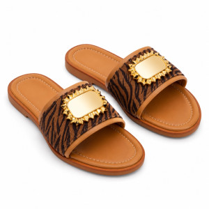 Luxury Brown Animal Print Gold Ornament  Flat Slide Sandals