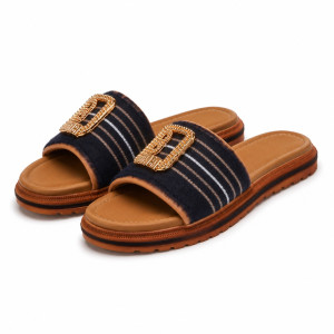 Luxury Black Striped Gold Buckle Comfort Slide Sandals