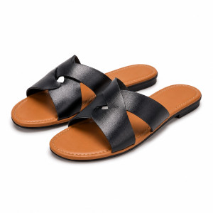 Luxury Black Cross Strap Flat Slide Sandals for Women