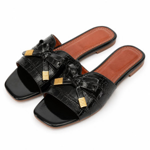 Luxury Black Croc Texture Bow Slide Sandals  for Women