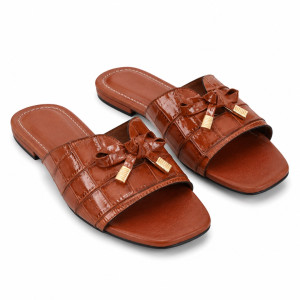 Luxury Brown Croc Texture Bow Slide Sandals  for Women