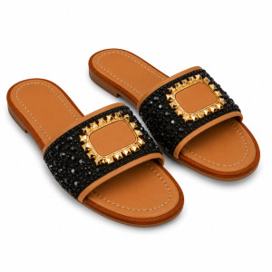 Luxury Black Rhinestone Gold Buckle  Flat Slide Sandals