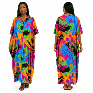 Womens Multicolor Abstract Print Loose Fit Kaftan Dress