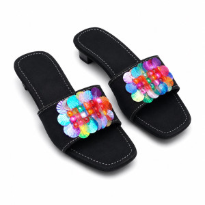 Luxury Black Multicolor Floral Beaded Low Heel Slide Sandals   for Women