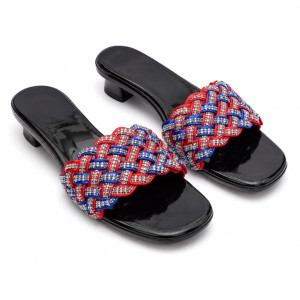 Luxury Red and Blue Rhinestone Woven Low Heel Slide Sandals   for Women