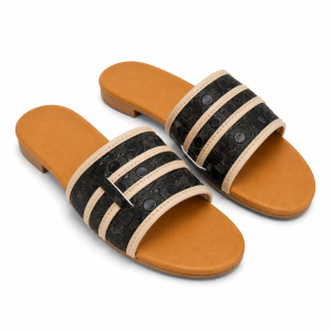 Luxury Black Patterned Double Strap Flat Slide Sandals  for Women