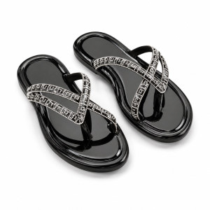 Luxury Black Rhinestone Cross Strap Flat Sandals  for Women