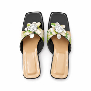Luxury Black Floral Crystal Flat Slide Sandals  for Women
