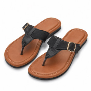 Luxury Black Buckle Strap Flat Toe Post Sandals  for Women