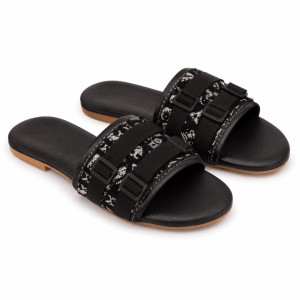Luxury Black Patterned Double Strap Flat Slide Sandals   for Women