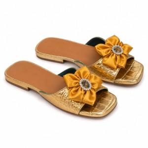 Luxury Gold Satin Bow Flat Slide Sandals   for Women