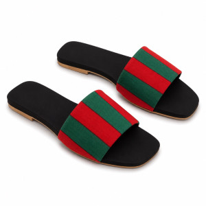 Luxury Black Red and Green Stripe Flat Slide Sandals   for Women