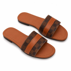 Luxury Brown Checkered Flat Slide Sandals   for Women