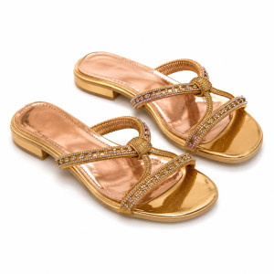 Luxury Gold Rhinestone Cross Strap Flat Sandals   for Women