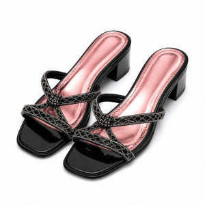 Luxury Black Rhinestone Cross Strap Flat Sandals   for Women