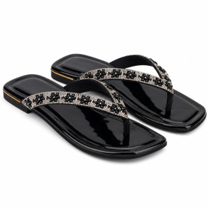 Luxury Black Floral Rhinestone Flat Sandals   for Women