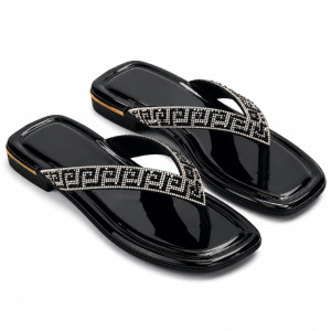 Luxury Black Greek Pattern Rhinestone Flat Slippers  for Women