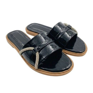 Womens Glossy Black Embellished Slide Sandals