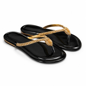 Luxury Black and Gold Rhinestone Toe Ring Flat Sandals  for Women