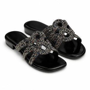 Embellished Flat Slide Sandals with Cutout Strap