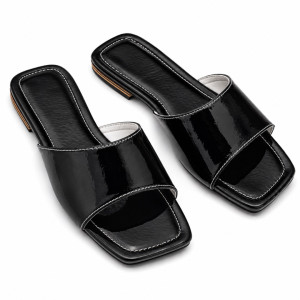 Luxury Black Glossy Square Toe Flat Slippers   for Women