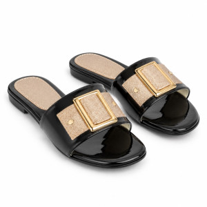 Luxury Black and Gold Buckle Flat Slippers   for Women