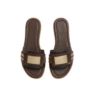 Womens Brown Faux Leather Embellished Slide Sandals