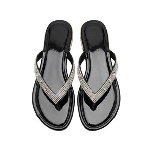 Rhinestone Embellished Black Thong Sandals