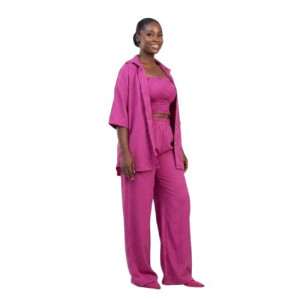 Three Piece Smocked Tube Top Oversized Shirt and Wide Leg Pants Set
