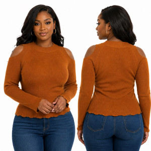 Elegant Rust Brown Cold Shoulder Knit Top for Women