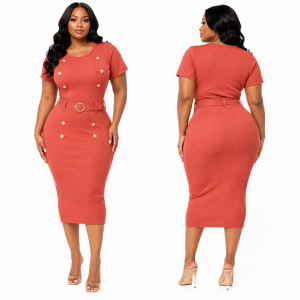 Coral Ribbed Bodycon Midi Dress with Gold Button Detail