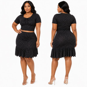 Black Rhinestone Two Piece Skirt Set with Ruffle Hem