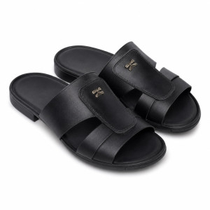 Mens Black Luxury Double Strap Leather Slides