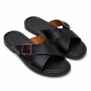 Mens Black Cross Strap Buckle Leather Slides