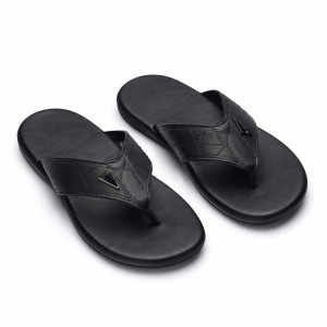 Mens Black Luxury Leather Toe Post Slippers