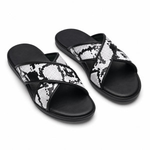 Mens Black and White Snakeskin Cross Strap Slides