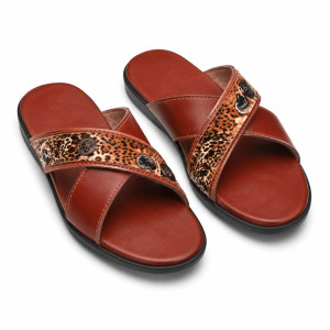 Mens Brown Leopard Print Cross Strap Slides