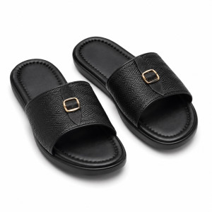 Mens Black Textured Buckle Slide Sandals